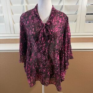 Lafayette 148 New York Pink Black Leopard Animal Print 100% Silk Blouse Sz 16